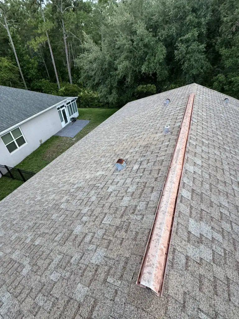 Before roof photo of right slope showing Atlas Pinnacle Pristine Coastal Granite shingles installed by Integrity Roof Services in Orlando, FL.