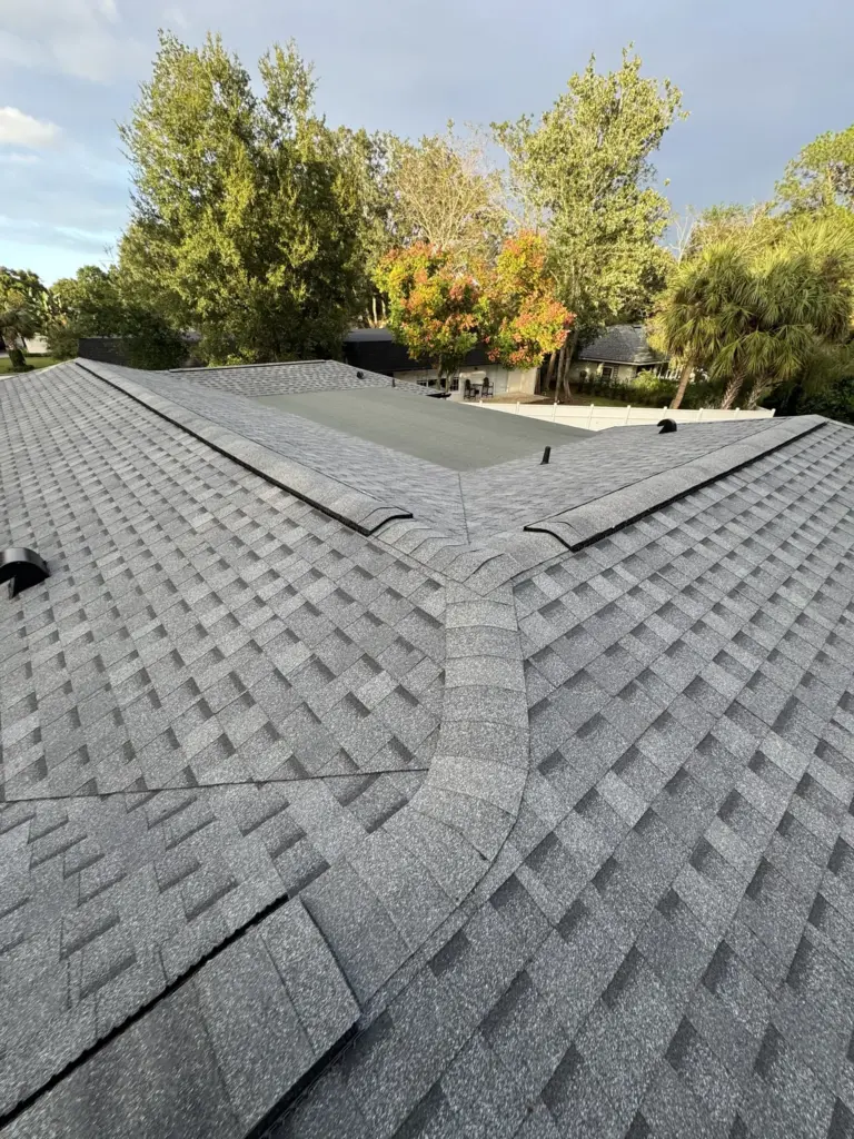 Close-up of newly installed Atlas Pristine Pewter shingles showing clean lines and premium finish — Winter Park FL.