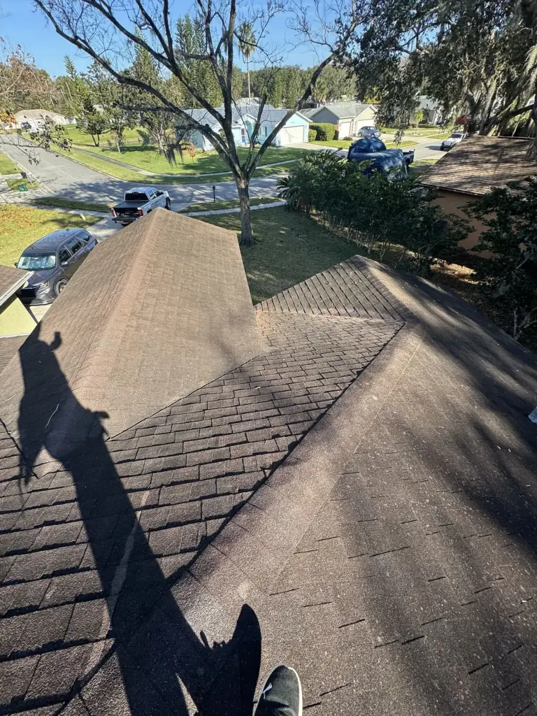 Roofing Projects FL 7 Angled roofline view of existing shingles before roof replacement in Port Orange, Florida