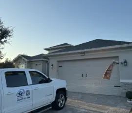 New hip and ridge installation with even shingle pattern viewed at sunset on newly completed Mount Dora roofing project. Freshly installed hip-and-ridge line in evening light