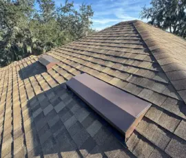 Close-up showing finished roof edge and drip edge installation. Aluminum drip edge installed along roof perimeter in Sanford, Florida